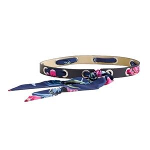 Black Faux Leather Scarf Belt w/Navy Floral Scarf